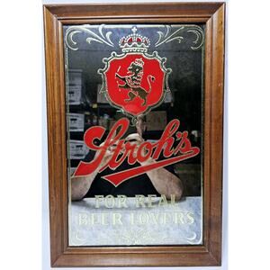 Vtg Stroh's For Real Beer Lovers Framed Mirror Bar Advertising Sign 21" x 14"